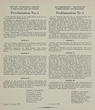 Proklamation Nr.3 der amerikanischen Militärregierung betreffend die Wiederbegründung des Landes Bremen vom 22. Januar 1947, rückdatiert auf den Vortag.
