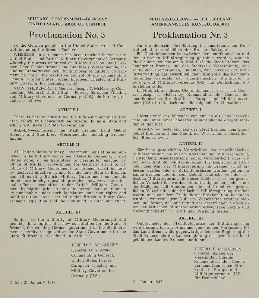 Proklamation Nr.3 der amerikanischen Milit&auml;rregierung betreffend die Wiederbegr&uuml;ndung des Landes Bremen vom 22. Januar 1947, r&uuml;ckdatiert auf den Vortag.