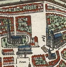 Die Abbildung zeigt einen Ausschnitt des Stadtplanes von Braun und Hogenberg mit dem Bereich des Domshofes.