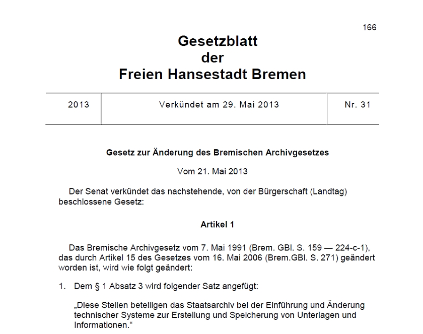 Bremisches Gesetzblatt, erste Seite des Bremischen Archivgesetzes