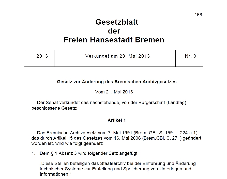 Bremisches Gesetzblatt, erste Seite des Bremischen Archivgesetzes