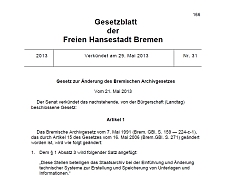 Bremisches Gesetzblatt, erste Seite des Bremischen Archivgesetzes