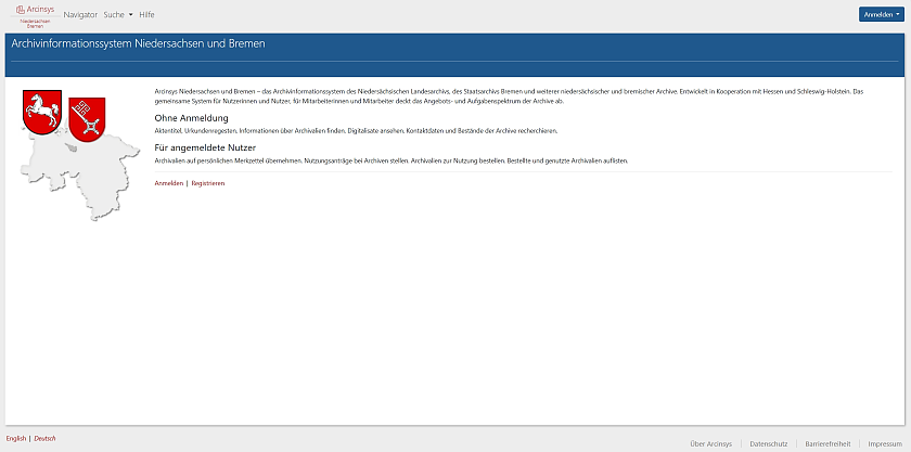 Startseite der Online-Datenbank Arcinsys