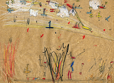 Kinderzeichnung: Arthur L. (4. Klasse), Kriegsszene mit Luftschlacht 1914-1915. Farbstifte, Format 269x362 mm. (c) Museum Elbinsel Wilhelmsburg