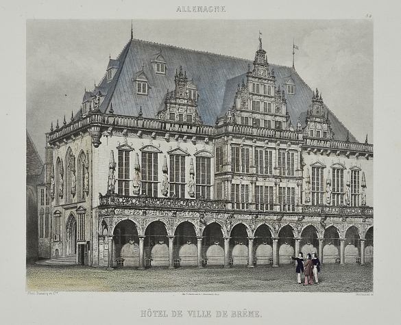 Kolorierter Druck des Hôtel de Ville de Brême, dem Alten Rathaus, nach einer Daguerrotypie von 1840.