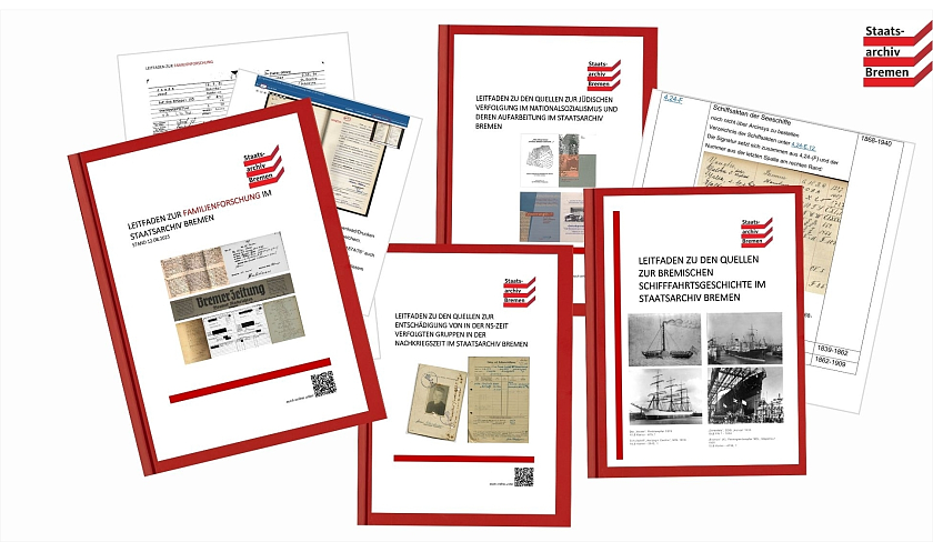 Die Abbildung zeigt eine Zusammenstellung von Titelseiten einzelner Leitfäden für die Arbeit im Staatsarchiv Bremen.