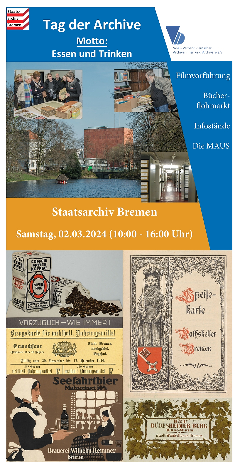 Das Bild zeigt den Flyer zum Tag der Archive 2024 im Staatsarchiv Bremen.
