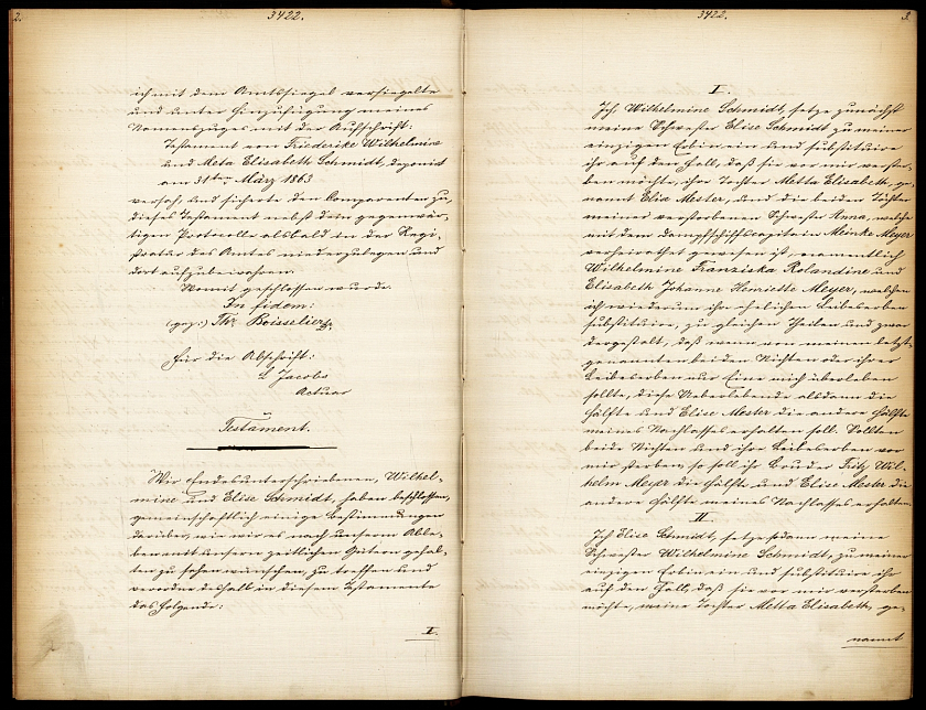 Die Abbildung zeigt einen Auszug aus einem Testamentenbuch aus dem 19. Jahrhundert.