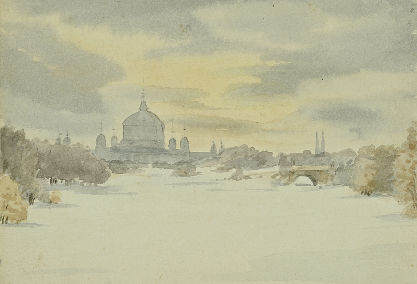 Die Abbildung zeigt ein Aquarell eines unbekannten Künstlers aus dem Jahr 1898. Der Betrachter dieses winterlichen Motivs schaut im Bürgerpark von der Meierei Richtung Parkhaus.