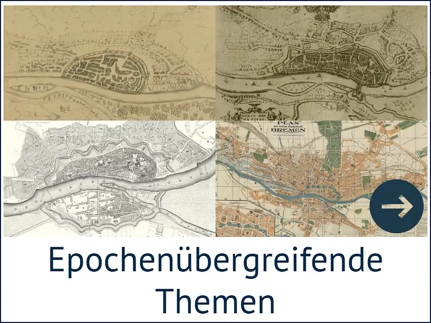 Die Abbildung zeigt eine Bremen-Karte aus der Zeit um 1939 und führt über einen Link zur Landeschronik, Abschnitt Gegenwart.