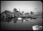 Kaiserbrücke (Bürgermeister-Smidt-Brücke) zerstört, Blick Richtung Teerhof und Am Deich, hinten Brauereien Becks und Haake Beck