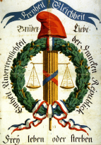 Plakat aus dem Elsass, 1793. Als eine Art Werbung sollte es in den deutschsprachigen Gebieten die Ideen der Revolution verbreiten. 
˜ Bildnachweis: Musée d’Histoire, Riquewihr