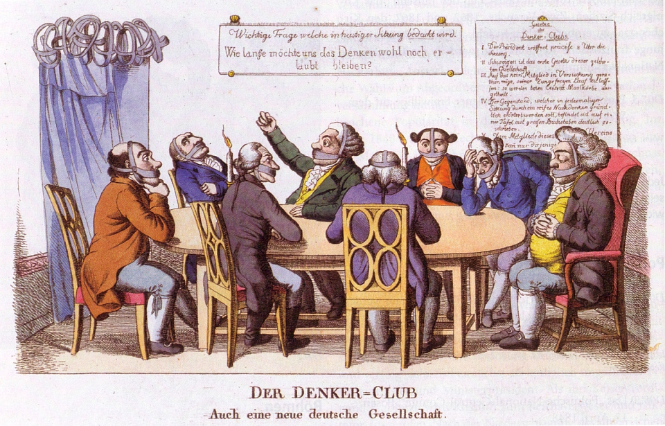 Die Karikatur kritisiert die Einschr&auml;nkung der Presse- und Meinungsfreiheit infolge der Karlsbader Beschl&uuml;sse 1819.