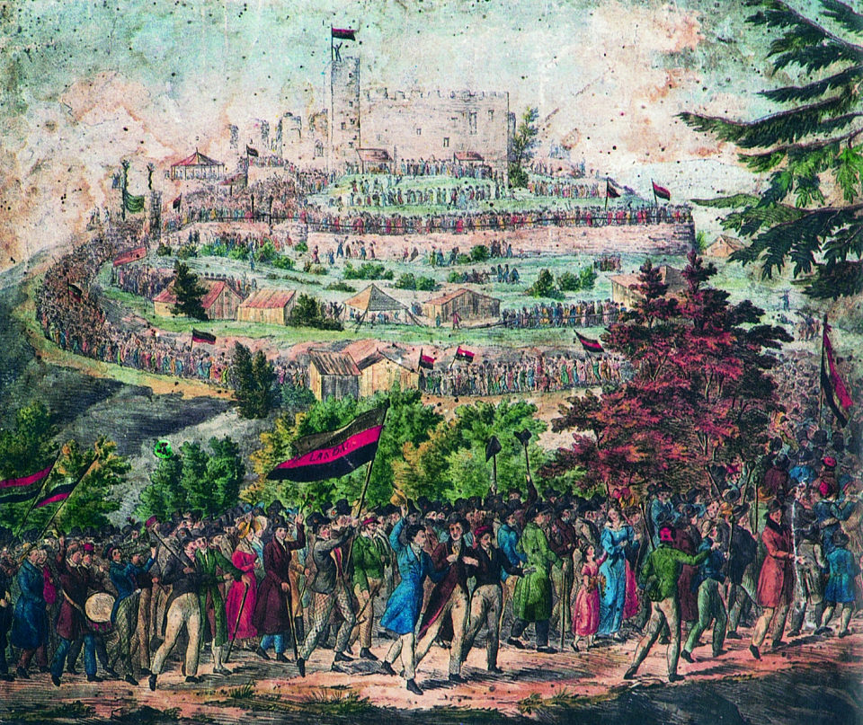 Der Zug zum Hambacher Fest am 27. Mai 1832. Das Hambacher Schloss ist ein Symbol der deutschen und europ&auml;ischen Demokratie- und Freiheitsgeschichte.