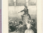 Sitzung eines Frauenklubs, ca. 1848. Forderungen: 1. Hosen sollen den Unterrock ersetzen; 2. Ehemänner sollen sich mindestens dreimal die Woche um das Zuhause kümmern; 3. Es soll kein Unterschiede zwischen Männern und Frauen geben außer denen, die die Natur ihnen zugestanden hat.  
˜ Bildnachweis: AddF - Archiv der deutschen Frauenbewegung, Kassel, A-F2-00064