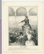 Sitzung eines Frauenklubs, ca. 1848. Forderungen: 1. Hosen sollen den Unterrock ersetzen; 2. Ehemänner sollen sich mindestens dreimal die Woche um das Zuhause kümmern; 3. Es soll kein Unterschiede zwischen Männern und Frauen geben außer denen, die die Natur ihnen zugestanden hat.  
˜ Bildnachweis: AddF - Archiv der deutschen Frauenbewegung, Kassel, A-F2-00064