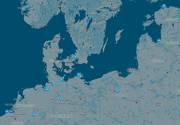 Karte mit den Standorten der 2023 in das MOW-Register aufgenommenen Hansedokumente
