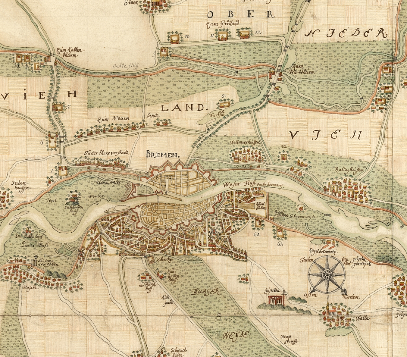 Die Abbildung zeigt einen Ausschnitt aus dem Heinbachplan von 1748.