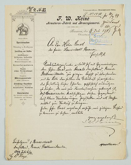 Abbildung: Eingabe des Fabrikanten F.W. Heine um Erlaubnis, Schalen nach dem Muster der Bremer Stadtmusikanten geschäftlich zu verwerten, 1899, Senatsregistratur.