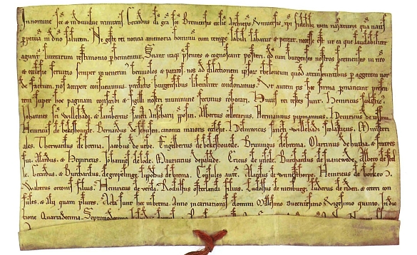 Das Bild zeigt eine Abbildung aus den 104. Band des Bremischen Jahrbuchs: einen Ausschnitt der Urkunde mit der Signatur 1-By 1225 November 15.