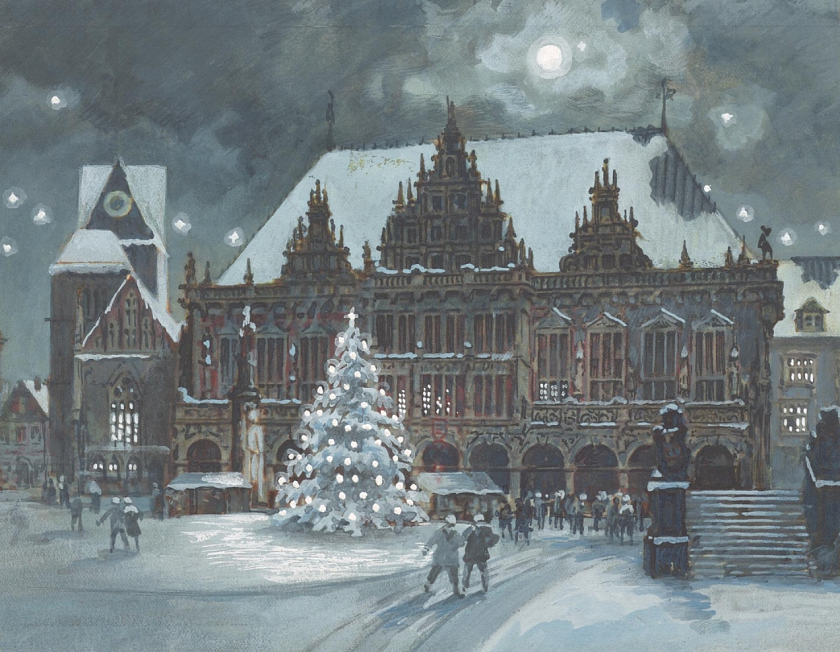 Die Abbildung zeigt den weihnachtlich geschmückten Bremer Marktplatz.